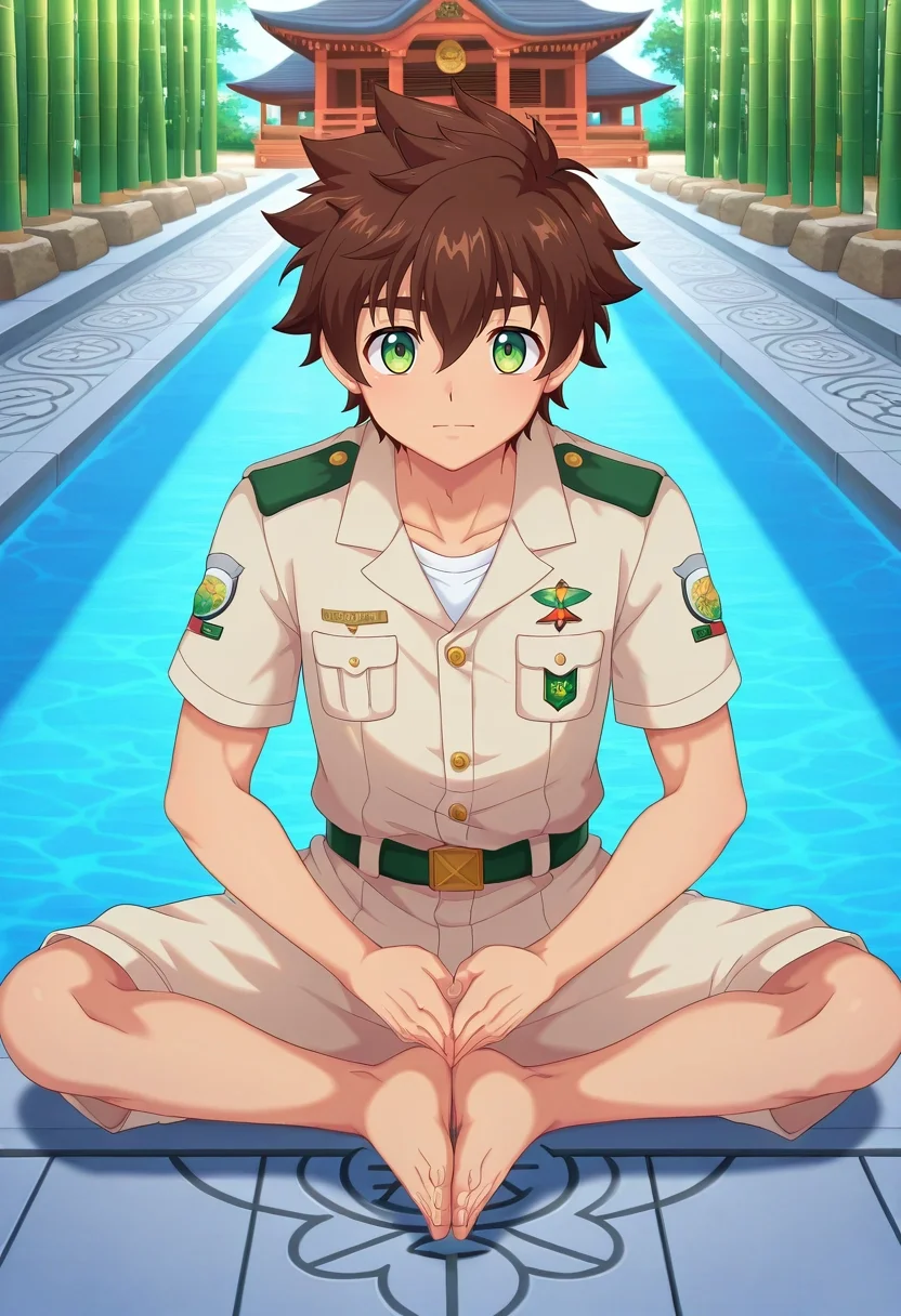 masterpiece, best quality, , anime screencap, , official style, , , 1boy, solo, male focus, <lora:keitaro_nagame_ilxl:0.92>, keitaro_nagame, brown hair, green eyes, short hair, , uniform, bamboo temple, stone paths, water gardens, prayer halls, meditation pose, serene expression, morning mist,