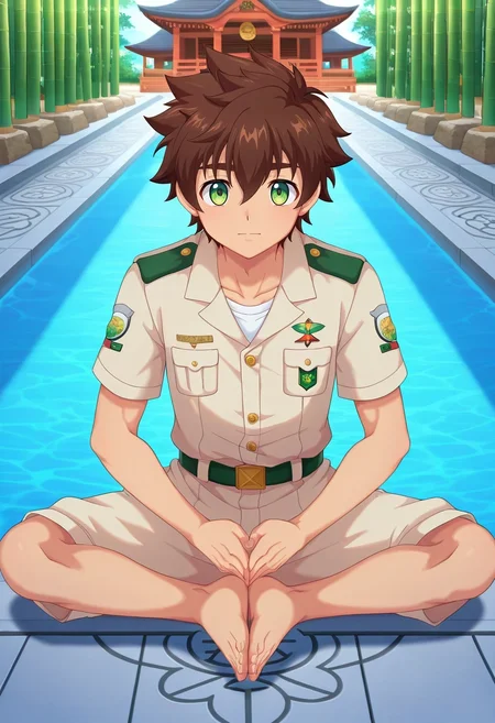 masterpiece, best quality, , anime screencap, , official style, , , 1boy, solo, male focus, <lora:keitaro_nagame_ilxl:0.92>, keitaro_nagame, brown hair, green eyes, short hair, , uniform, bamboo temple, stone paths, water gardens, prayer halls, meditation pose, serene expression, morning mist,