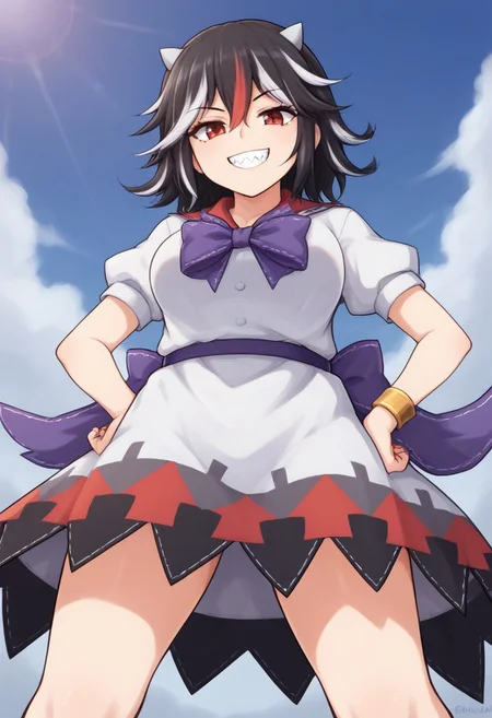 score_9, score_7_up, source_anime, source_cartoon, perfect face, EyesHD, 145, BREAK, (illustration), intricately detailed illustration, Exquisite color design, (best quality, ultra detailed), smooth skin, high details, (1girls), mature female, beauty, thick thighs, big breasts, kijin_seija, short hair, multicolored hair, (black hair), streaked hair, red hair, white hair, hair flaps, hair between eyes, red eyes, horns, small horns, grey horns, cone horns, white horns, white collared shirt, white buttons, sailor collar, bracelet, purple bowtie, puffy short sleeves, white dress, white skirt, layered skirt, underskirt, purple belt, purple bow, arrow print, arrow \(symbol\), facing viewer, narrowed eyes, looking at viewer, grin, sharp teeth, front view, low angle, day, hands on hips,
