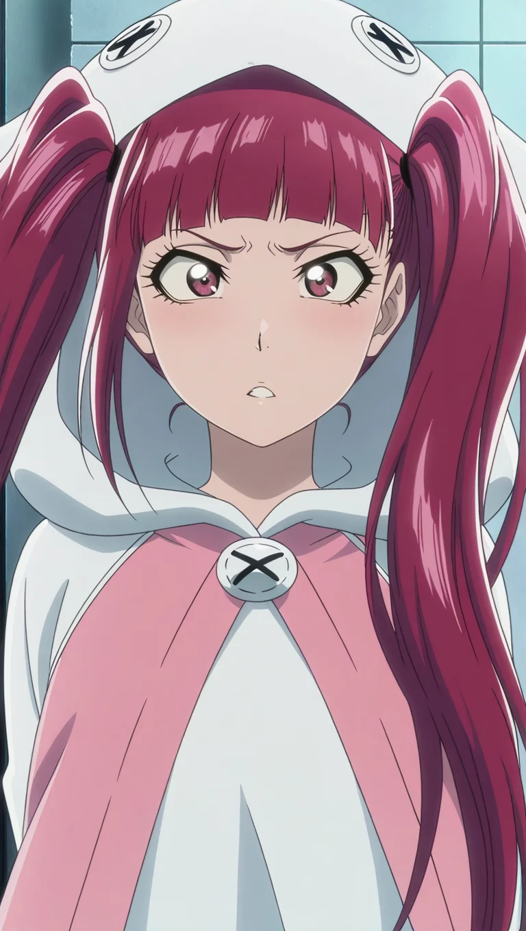 source_anime, masterpiece, best quality, amazing quality, anime screencap, high quality, 8k, absurdres, official style, 1girl, solo, looking at viewer, confused, portrait, <lora:Riruka_TYBW_iL:0.8>, r1ruk4 d0kug4m1n3, red eyes, red hair, long hair, twintails, blunt bangs, cour 3 fit, hood, hoodie,