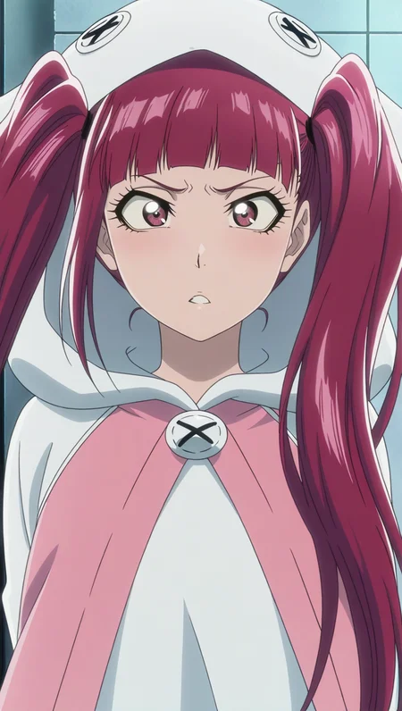 source_anime, masterpiece, best quality, amazing quality, anime screencap, high quality, 8k, absurdres, official style, 1girl, solo, looking at viewer, confused, portrait, <lora:Riruka_TYBW_iL:0.8>, r1ruk4 d0kug4m1n3, red eyes, red hair, long hair, twintails, blunt bangs, cour 3 fit, hood, hoodie,