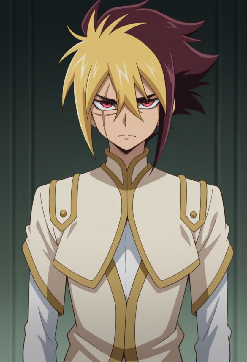 masterpiece,best quality,amazing quality, source_anime, 
Thomrclight, 1boy, male focus, solo, red eyes, scar across eye, multicolored hair, brown hair, blonde hair, shirt, white shirt, coat, brown coat, short over long sleeves,