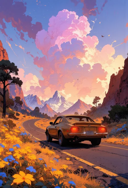The car cruises along a gently curving road, its windows down, letting the crisp morning breeze sweep through. The landscape is bathed in soft pastel hues—lavender clouds blend seamlessly into a peach-colored sky, while golden sunlight casts a delicate glow over the sleepy desert. Wildflowers bloom unexpectedly along the road’s edges, their petals catching the light like tiny jewels. Birds glide effortlessly above, their silhouettes adding to the serene beauty of the moment. The radio plays a nostalgic tune, wrapping the scene in a warm embrace of peaceful solitude and boundless possibility. Wide-angle aerial shot, showing the car as a tiny speck amid the breathtaking pastel desert landscape.
Anime art, Niji Stan Katayama Style