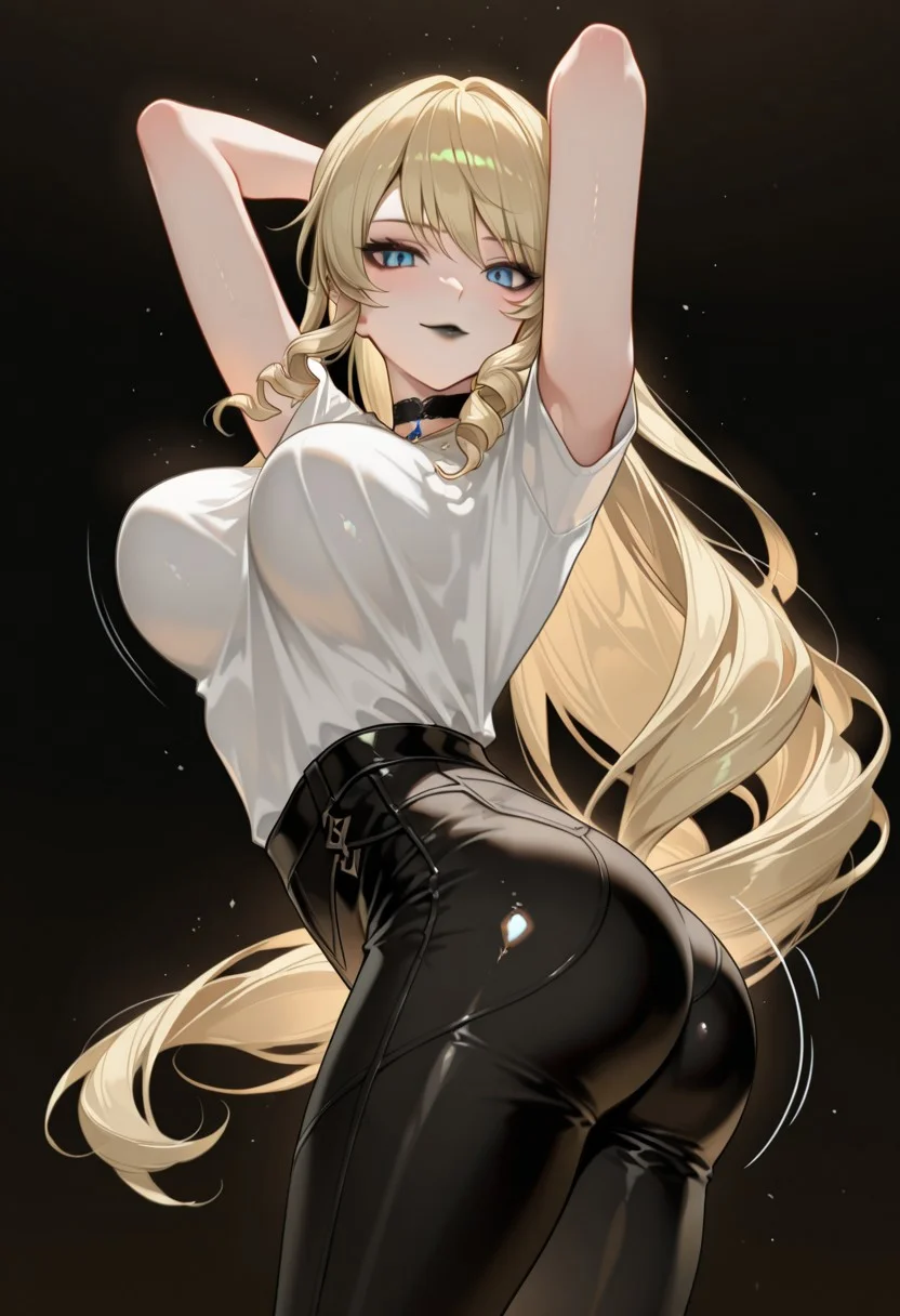 masterpiece, best quality, manga art style,black and white , multiple panels, 1girl, solo, ((wrnchnvigi, blonde hair, drill hair, blue eyes, very long hair, drill sidelocks, large breasts)) ,positioned slightly off-center to the left of the image, is depicted.
calm expression.
White t shirt, Black leather jaket , black leather pants, black lipstick, black eyeliner, black nails , black choker.
Black background, (<lora:mememe-dance-illustriousxl-lora-nochekaiser:1>, mememe dance, me!me!me! dance (meme), dancing, bouncing, bouncing breasts, arms up, looking at viewer, ass shake,), from front, dark environment , light eliminating face with soft glow.
The background is a simple.