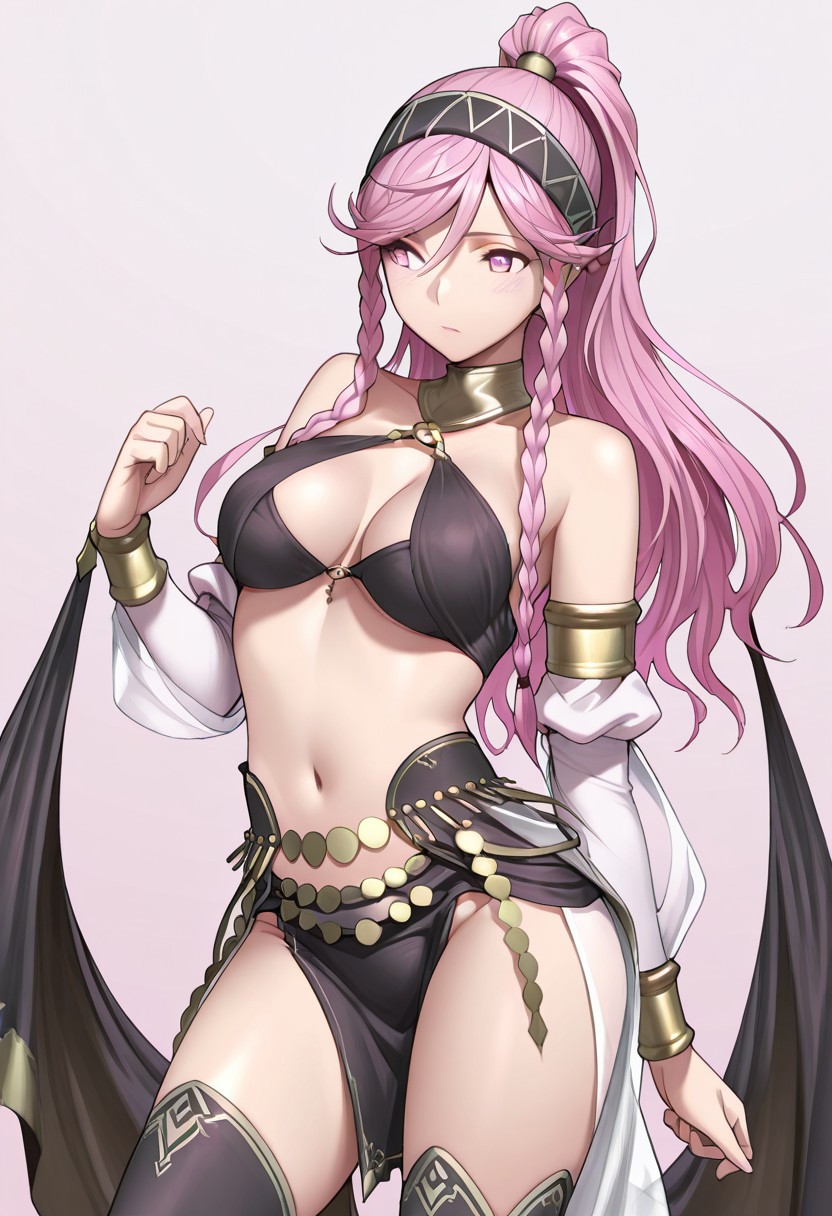 masterpiece, best quality, crimsonj-girl.fightil, 
  1girl, OliviaDancer, long hair, pink hair, twins braid, braid, side braid, ponytail, handband, pink eyes, dancer, bare shoulders, navel, midriff, medium breasts, cleavage, thighhighs
simple background, perfect anatomy