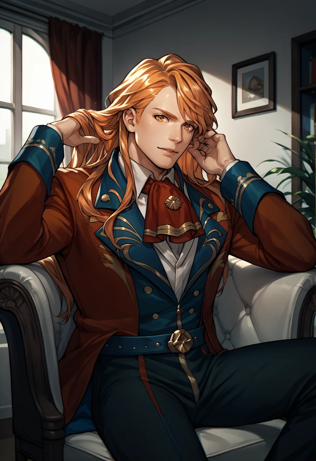 score_9, score_8_up, score_7_up, source_anime, 1boy, sitting, looking at viewer, parted lips, hand in own hair, <lora:FerdinandFE-pdxl:1> warFerdie, long hair, red jacket, red ascot, blue belt, black pants, indoors, chair