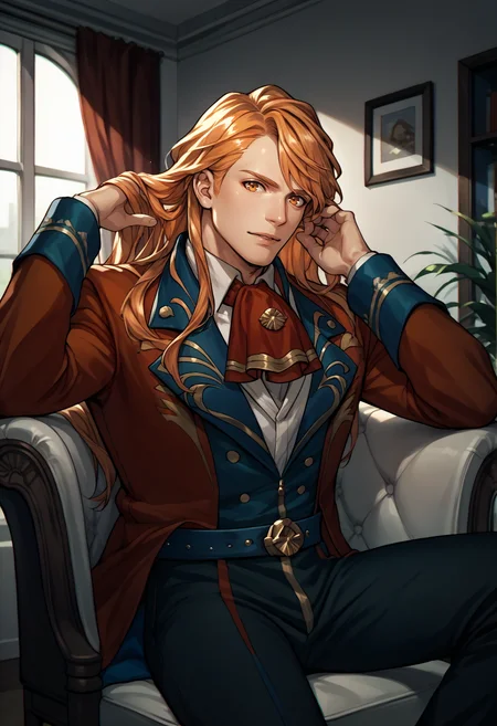 score_9, score_8_up, score_7_up, source_anime, 1boy, sitting, looking at viewer, parted lips, hand in own hair, <lora:FerdinandFE-pdxl:1> warFerdie, long hair, red jacket, red ascot, blue belt, black pants, indoors, chair