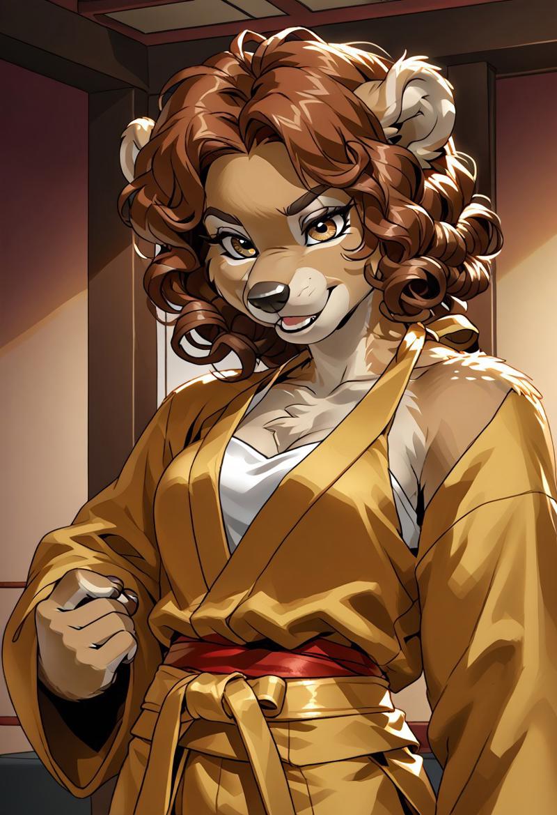 score_9, score_8_up, score_7_up, (by jailbird:1.5), (by kittydee:1.5), (by zummeng:1.5), masterpiece, best quality, (solo),  kinkajou,
(Furry Art: anthro: kinkajou:1.5), expressive eyes, feminine eyes, <lora:beautiful_detailed_eyes:1>, perfect face, tawny brown fur, rounded ears, prehensile tail, (brown hair:1.5), (curly hair), (curly bangs), medium breasts, (halter top shirt:1.5), (karate pants:1.5), (karate belt),