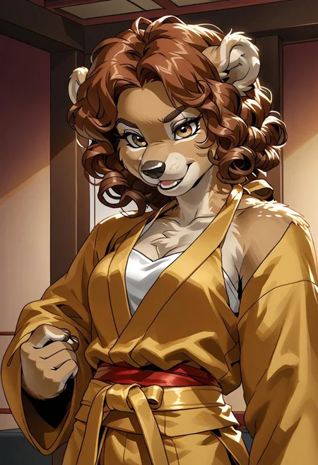 score_9, score_8_up, score_7_up, (by jailbird:1.5), (by kittydee:1.5), (by zummeng:1.5), masterpiece, best quality, (solo), kinkajou,
(Furry Art: anthro: kinkajou:1.5), expressive eyes, feminine eyes, <lora:beautiful_detailed_eyes:1>, perfect face, tawny brown fur, rounded ears, prehensile tail, (brown hair:1.5), (curly hair), (curly bangs), medium breasts, (halter top shirt:1.5), (karate pants:1.5), (karate belt),