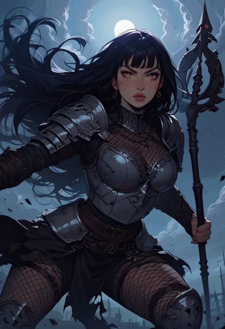 Score_9, Score8_up, Score_7_up, (((High Resolution, Best Quality))), 
1girl, beautiful, breasts, battle scarred, damaged armor, fishnets under armor, bangs, long hair, plated armour, holding staff, battle stance, dynamic angle, ancient fantasy city, battle-ready stance, dynamic pose, at night, moonlight, riding a nimbus cloud, nimbus, wukong theme, directional lighting, viewed from above,