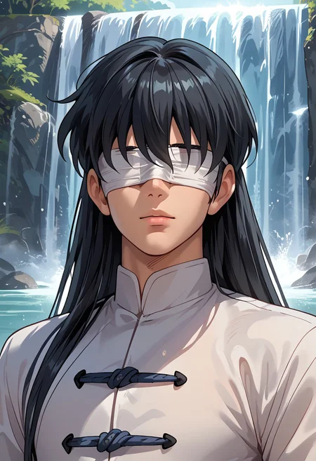 score_9, score_8_up, score_8, score_9, masterpiece, portrait, upper body focus, close shot, ultra high quality, hd render, male focus, Shiryu, young twink, very long hair, black hair, long bangs, hair over eyes, blindfold, eyes covered by white bandages, detailed face, light skin, chinese boy, chinese clothes, white shirt, shirt with ties,
handsome boy, narrow features, standing, dynamic pose, dynamic shot, looking at viewer, waterfall background, hd render, high quality,