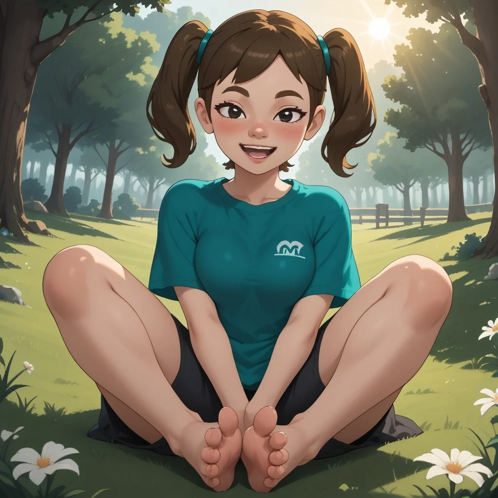 score_9, score_8_up, BREAK, (masterpiece:1.4), (best quality:1.2), solo, perfect anatomy, accurate anatomy, perfect feet, perfect soles, Mii, Wii, Black Eyes, Half circle eyebrows, big nose, half circle nose, blush, white skin, open mouth, green-ish brown hair, twintails, dark green clothing, 1girl, female mii, Wii Sports Resort, black pants, shoes, cute, medium breasts, Midori_(\Wii_Sports_Resort\), teeth, Nintendo Mii, modern_mii, classic_mii, sexy pose, self portrait, smile, outdoors, sunlight, shadows, evening lighting, natural lighting, forest, trees, grass, orange sky, sunset, sitting, feet, soles