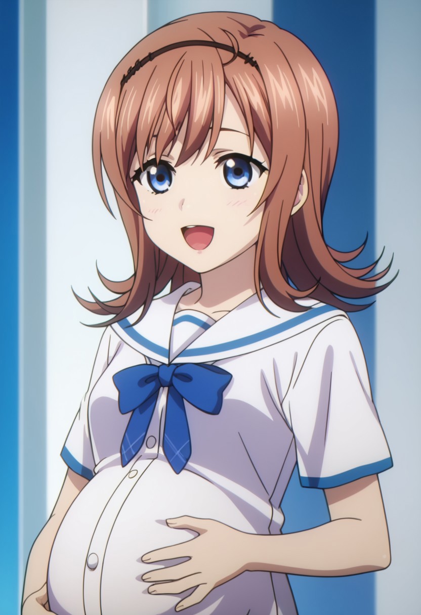 best quality, masterpiece, 4k, perfect lighting, very aesthetic, anime, anime coloring, official art, anime screencap,
OverallDetail, fFaceDetail, 
bedroom, happy, pregnant belly, hand on belly,
Yume, brown hair, school uniform, white shirt,
<lora:Pregnant Bump:1>