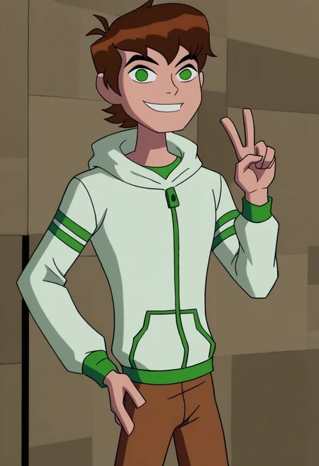 ,Ben tennyson 1boy,solo,peace sign,smile,blue back ground,looking at viewer,brown hair,green eyes,white hoodie,long sleeves,brown pants