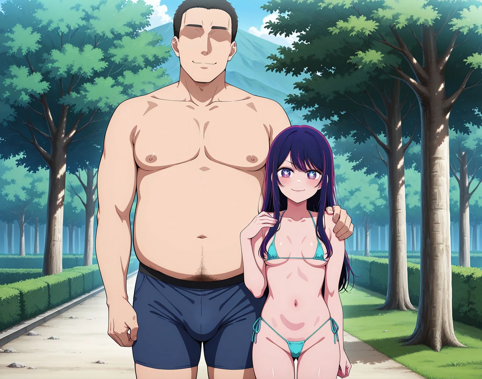 masterpiece,best quality,anime coloring,anime screenshot,
<lora:add-detail-xl:0.5>
<lora:petite_woman:0.6>,petite_womanV1,
1girl,1boy,petite, bulge, (size difference:1.2),
swimsuit,breasts,hetero, micro bikini,
bikini,pubic hair,smug male,netorare,
hug.huge guy, petite woman, seductive smile,
hand on shoulders,
outdoors, tree,
mature male,
official art, oshi no ko, hoshino ai,
20YO,adult couple,milf, faceless male, fat man,