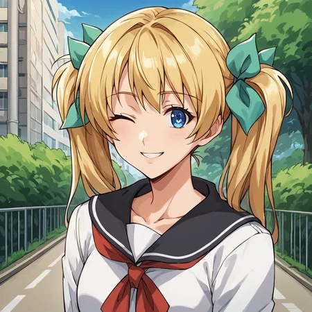 score_9,score_8_up,score_7_up, masterpiece, 8k, highres, wallpaper, source_anime,  park, blue sky, medium shot, <lora:Yuzu_Nanase_Manin_Densha:1>, 1girl, solo, medium shot, portrait, blonde hair, twintail, blue eyes, school uniform, long sleeves, smiling, wink