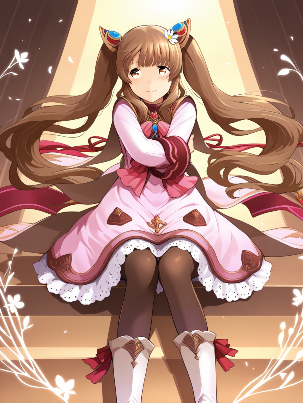 perfect quality,best quality,absolutely eye-catching,ambient occlusion,raytracing BREAK
1girl,<lora:rimuru rinnka IL v1.1:1>,rinnka,brown hair,twintails,hair ornament,pink dress,long sleeves,ribbon,lace trim,pantyhose,boots,front view,, front view,full_shot,on_side,pointing_up,crossed_arms,sitting_backwards,