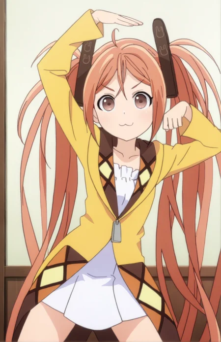 AiharaEnju, 1girl, solo, long hair, orange hair, hair ornament, twintails, brown eyes, collarbone, frills, long sleeves, looking at viewer, standing, pose, :3