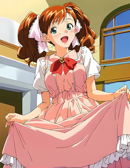 <lora:pony_xl_asahina:0.8>,asahina,score_9,score_8_up,score_7_up,source_anime,1girl,looking at viewer,laughing,:d,light_blush,dress,pink dress,short sleeves,curtsey,skirt hold,lifting the hem of the skirt,indoor,villa,