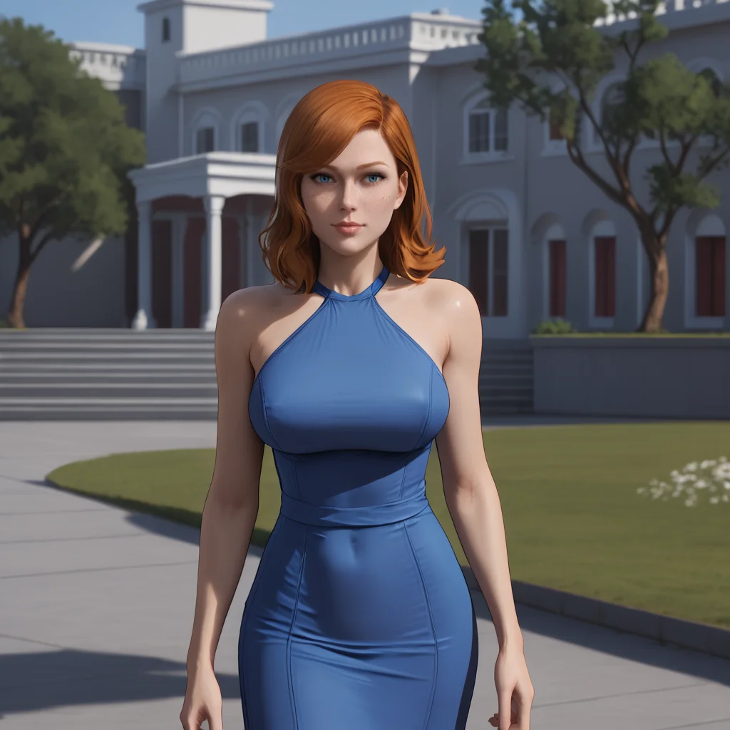 <lora:batgirlgothamknights_pony_v1:.8>BarbaraNoMaskNudeGothamKnights, 1girl, large breasts, freckles, lips, nose, orange medium hair, cowboy shot, <lora:0932 Home wear 9_v1_pony:1> ruanyi0932,blue dress,halter dress,sleeveless,cowboy shot,taut dress,skin tight,long dress
