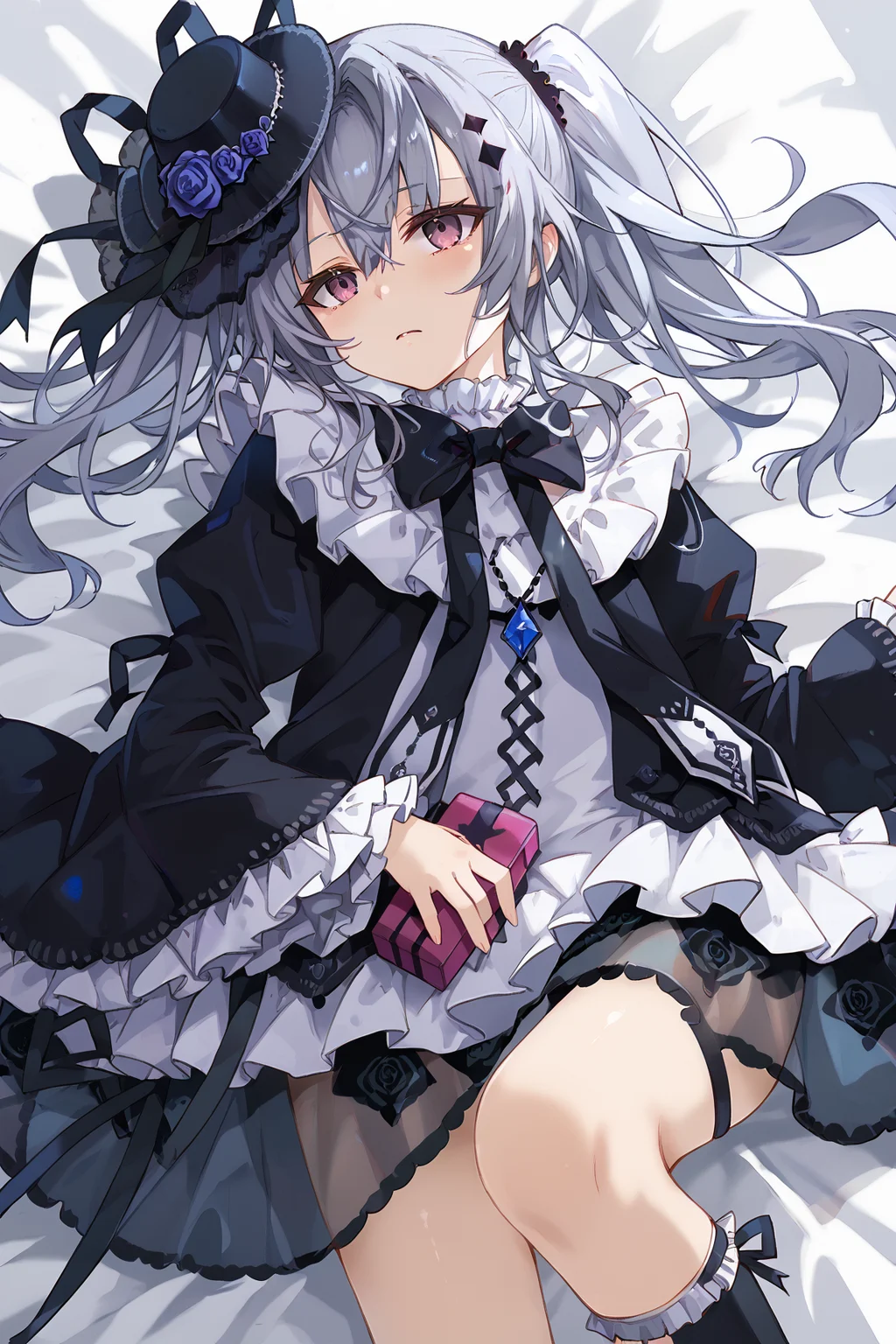 <lora:acid(maimai):1> hat, twintails, acid(maimai), black_dress, lolita_fashion, gothic_lolita,grey hair, lying,cowboy shot,on bed,
score_9, score_8_up,score_7_up,BREAK,source_anime,break,