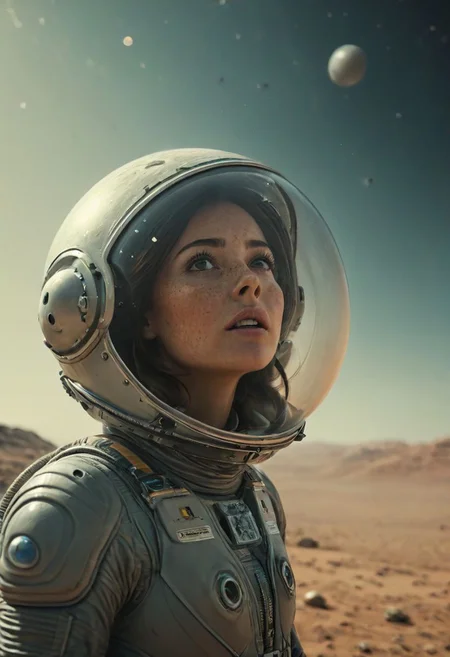 Create a captivating story or description inspired by this photo of a lost astronaut, Busty woman with subtle freckles. behind her in sky alien flying saucer, She gazes naughty Excited from the side towards the camera, alien planet, black spacesuit, looking up, very detailed, atmospheric haze, Film grain, cinematic film still, shallow depth of field, highly detailed, high budget, cinemascope, moody, epic, OverallDetail, gorgeous, vintage RAW photo, photorealistic, candid camera, color graded cinematic, eye catchlights, atmospheric lighting, skin pores, imperfections, natural, shallow dof