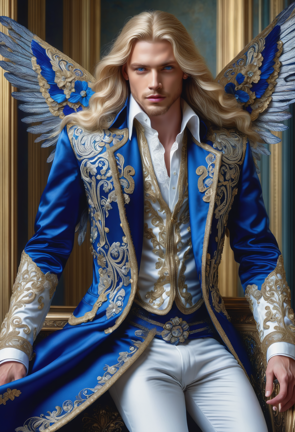 DonMM1yaXL man, baroque Court Suits, Gossamer Ribbons, __clothings/baroque/male/attire/collor-cleavage__, Waistcoat Chains, Breeches with Embroidery, Filigree Buckles,  sapphire, wings,DonM3t3rn1tyXL,  <lora:myLora\DonMM1y4XL-v1.1-000008:.8> <lora:released\DonM3t3rn1tyXL-v1.1-000008:.8> <lora:SDXL\DetailedEyes_V3> <lora:myLora\DonMDr4g0nXL-rb>