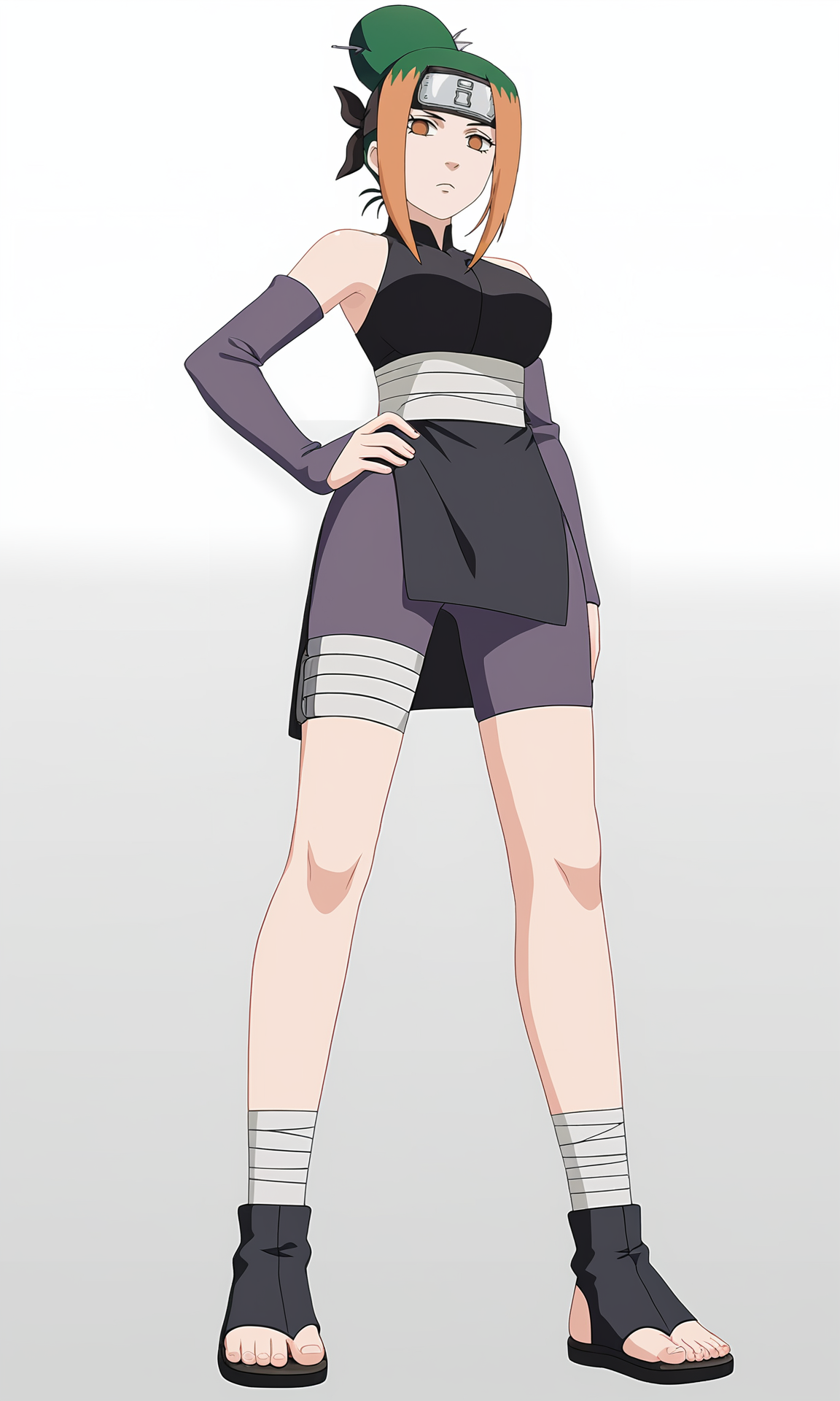 game cg, 
pakurare, 1girl, looking at viewer, orange eyes, forehead protector, two-tone hair, orange hair, green hair, single hair bun, 
black dress, detached sleeves, bare shoulders, 
purple shorts, bandaged waist,  bandaged legs, bandaged foot, 
toeless footwear, 
breasts, 
from below, full body, 
hand on hip, 
expressionless, 
simple background,white background,
 <lora:Naruto_Pakura_RE_PXL-000017:1>