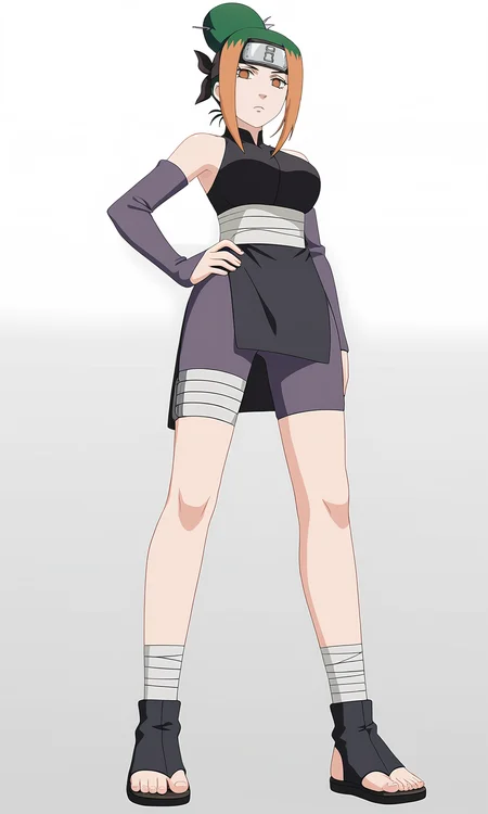 game cg, 
pakurare, 1girl, looking at viewer, orange eyes, forehead protector, two-tone hair, orange hair, green hair, single hair bun, 
black dress, detached sleeves, bare shoulders, 
purple shorts, bandaged waist,  bandaged legs, bandaged foot, 
toeless footwear, 
breasts, 
from below, full body, 
hand on hip, 
expressionless, 
simple background,white background,
 <lora:Naruto_Pakura_RE_PXL-000017:1>
