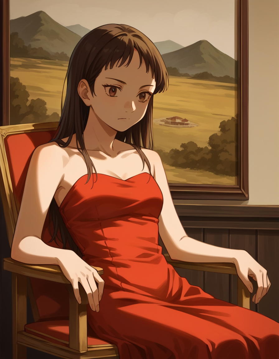 score_9, score_8_up, score_7_up, source_anime, <lora:emi-igawa-s1-ponyxl-lora-nochekaiser:1>,, emi igawa, long hair, brown eyes,, dress, red dress, collarbone, bare shoulders,, museum, art exhibit, paintings, observing, quiet contemplation, cultural experience, , , arm resting on back of chair, solo,, cowboy shot, dutch angle