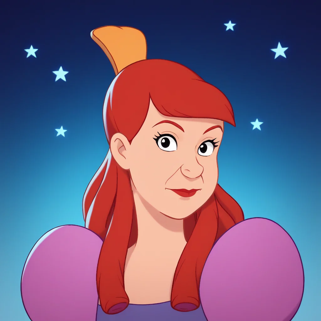 score_8_up, BREAK, AnastasiaTremaine, 1girl, solo, red hair, long hair, black eyes, lipstick, yellow hairpin, blue dress , magenta bodice, puffy sleeves, upper body, <lora:AnastasiaTremaine_PXL_Leaf1:1>, blue gradient background, looking at viewer, starry background,