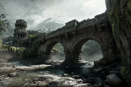 a bridge over a river in a cave like area with a waterfall, style_tombraider