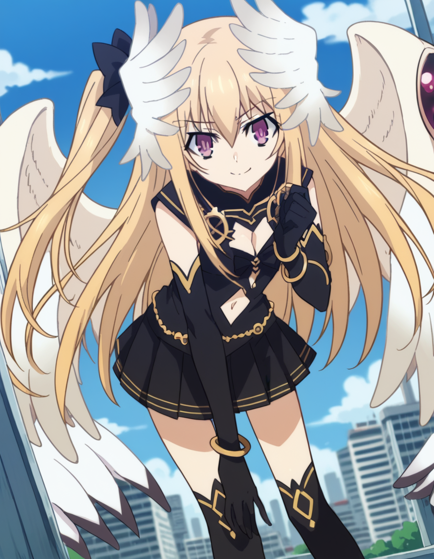 score_9, score_8_up, score_7_up, source_anime,
dalmayuri, <lora:dal-mayuri-movie-ponyxl-lora-nochekaiser:1>,
mayuri, long hair, blonde hair, hair between eyes, hair bow, one side up, bow, purple eyes,
gloves, dress, navel, wings, elbow gloves, black dress, clothing cutout, head wings, skirt, black skirt, pleated skirt, cleavage,
outdoors, cityscape, bent over, smile,
solo, dutch angle, looking at viewer, cowboy shot,