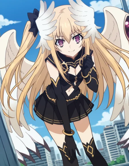 score_9, score_8_up, score_7_up, source_anime,
dalmayuri, <lora:dal-mayuri-movie-ponyxl-lora-nochekaiser:1>,
mayuri, long hair, blonde hair, hair between eyes, hair bow, one side up, bow, purple eyes,
gloves, dress, navel, wings, elbow gloves, black dress, clothing cutout, head wings, skirt, black skirt, pleated skirt, cleavage,
outdoors, cityscape, bent over, smile,
solo, dutch angle, looking at viewer, cowboy shot,
