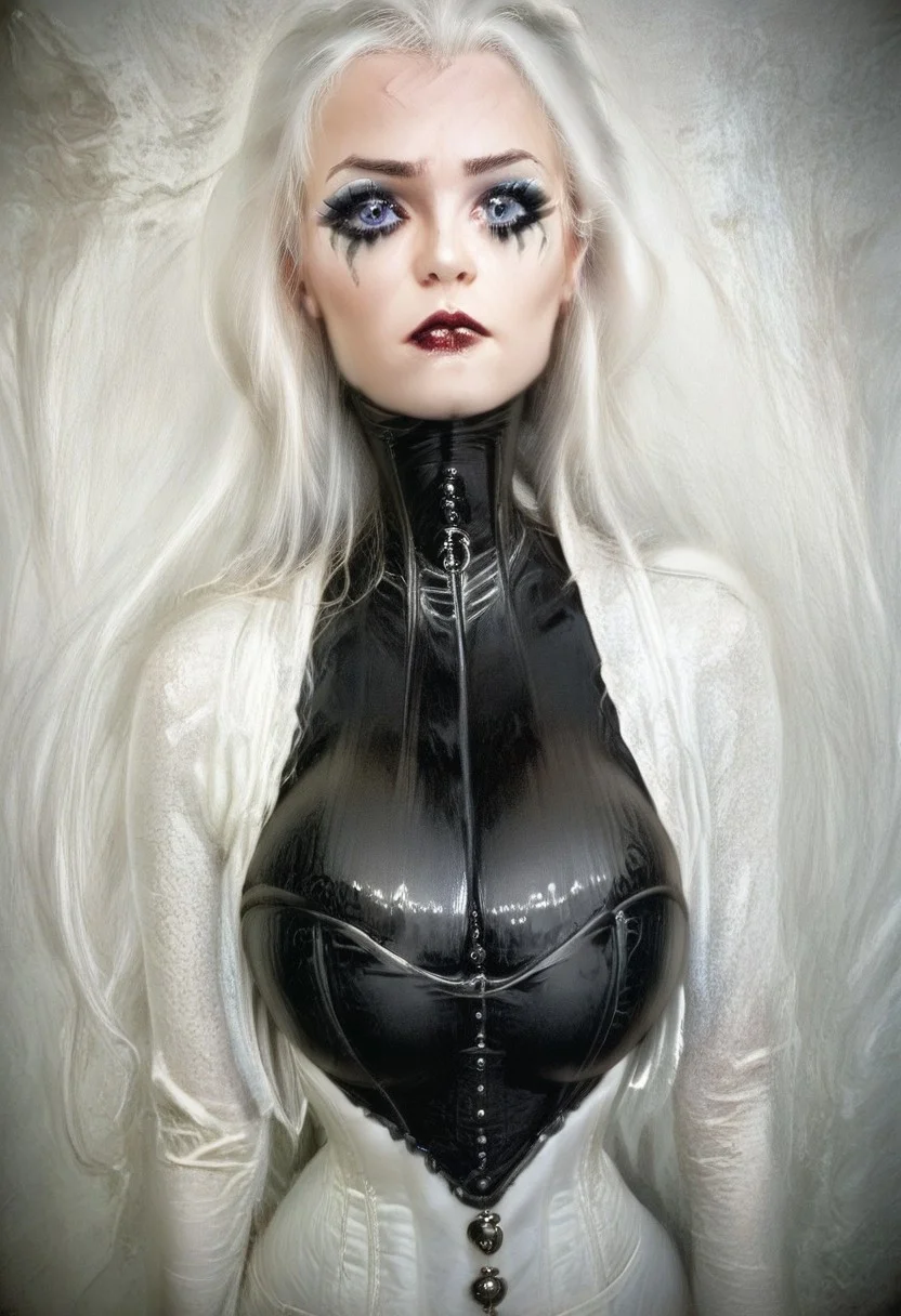 safe_pos, score_9, score_8_up, score_7_up, rating_safe, concept art, realistic, dark theme, low light, Fixhand.
1girl, solo, cute face, sexy face, Lush white hair, blue eyes, Sexy makeup.
(huge breast:1.2), (Round breast:1.2), covered breast.
ExtrCorset, Latex corset.
NeckCorset, (Latex neck corset:1.2).