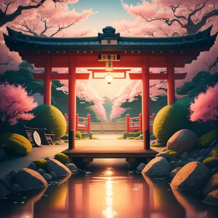 (digital painting),(best quality), serene Japanese garden, cherry blossoms in full bloom, koi pond, footbridge, pagoda, Ukiyo-e art style, Hokusai inspiration, Deviant Art popular, 8k ultra-realistic, pastel color scheme, soft lighting, golden hour, tranquil atmosphere, landscape orientation