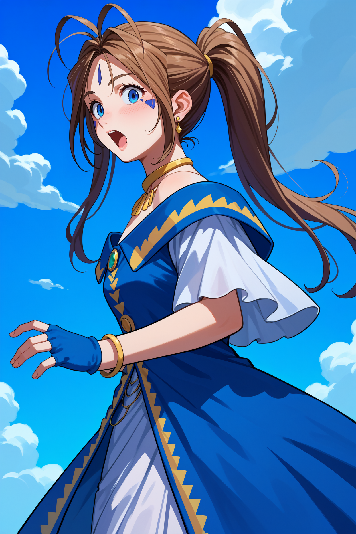 score_9, score_8_up, score_7_up, score_6_up, source_anime, 1girl, solo, <lora:belldandy-pdxl-nvwls-v1-000006:1> amgBDD, brown hair, ponytail, antenna hair, blue eyes, forehead mark, facial mark, necklace, earrings, blue and white dress, off-shoulder dress, white skirt, blue gloves, fingerless gloves, bracelet, surprised, open mouth, blush, gasp, from side, leaning forward, from below, blue sky, clouds, looking at you