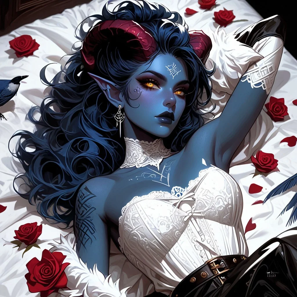 Score_9_up, score_8_up, score_7_up, DemonPunk, 1female, demon woman, frost blue skin tone, intricate golden eyes, black pinned up hair, large breasts, white lace brassiere, laying back in bed, sleepy eyes, rose petals, birds eye view