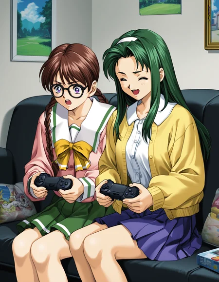 score_9, score_8_up, score_7_up, <lora:shuusaku-v2-ponyxl-000016:0.9> 2girls, sitting, couch, playing games, playstation controller, close-up
2girls, sitting, couch, playing games, playstation controller, close-up, shiho, brown hair, purple eyes, glasses, twin braids, serafuku, yellow bow, pink shirt, pleated skirt, green skirt, surprised, open mouth
2girls, sitting, couch, playing games, playstation controller, close-up, nagisa, green hair, hairband, cardigan, yellow cardigan, white shirt, purple ribbon, purple skirt, microskirt, happy, laughing, open mouth, (closed eyes:1)