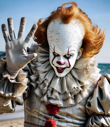 close up portrait of pennywise a creepy clown saying hi with his hand, at the beach swimming in the water <lora:Pennywise:0.7> sunny day,