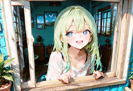 masterpiece, ultra-HD, very aesthetic, 8K, high detail, depth of field, score_9, score_8_up, erfect anatomy, no distorted limbs, accurate anatomy, best quality, absolutely eye-catching, ambient occlusion, amazing quality, best quality, very awa, detailed texture, detailed background, dynamic lighting, ray tracing,
BREAK
th_wn, 1girl, green hair, blue gradient eyes, lace shirt, bra strap, Black pupils,
From outside perspective, open window, potted plant outside the window, bird, very happy, (butterfly:1.2), smlie, open mouth, for outdoor, dreamy style, Vibrant colors in the foreground, vibrant lines,
BREAK
high contrast, from above, front view,
BREAK
Depth of field, wide-angle,
BREAK
dynamic pose, dynamic expression,
BREAK
motion blur,
BREAK
<lora:USNR_STYLE_ILL_V1_lokr3:0.8>, <lora:748cmSDXL:0.4>, <lora:Ass slider ILTU_alpha16.0_rank32_full_last:1.1>, <lora:Body weight slider IXL 1.0_alpha16.0_rank32_full_last:-1.3>, <lora:FINALE:0.2>, <lora:Train4:0.4> , <lora:Breasts size slider NNFFS_alpha16.0_rank32_full_last:0>, <lora:age_slider_v4:-1>, <lora:DetailedEyes_V3:1>, <lora:IL_Peeping_Tom:1>