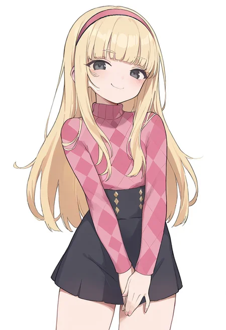 score_9, score_8_up, score_7_up, score_6_up, source_safe,
1girl, kendall perkins, blonde hair, blunt bangs, black eyes, long hair, pink hairband, argyle sweater, long sleeves, black skirt, perfect hands, smug, posing, flat chest, solo, simple background, adult, tall, wide hips