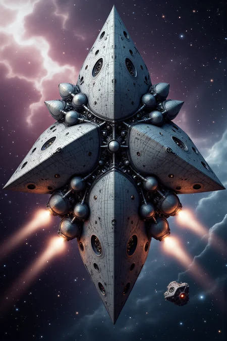 YFG-Ge0m, A gigantic dreadnought-class spaceship flying through a galactic nebula. Damage can be seen on its armor, the result of minor skirmishes. It is firing multiple particle accelerator weapons at a distant target.