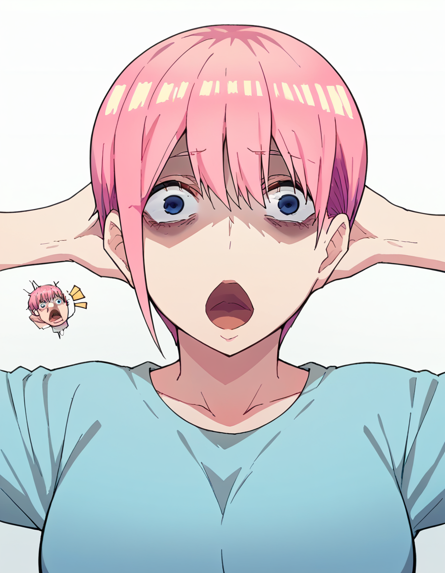 score_9, score_8_up, score_7_up, source_anime, <lora:ichika-nakano-s2-ponyxl-lora-nochekaiser:1>, ichika nakano, short hair, bangs, blue eyes, hair between eyes, pink hair, pixie cut, mature female, large breasts, <lora:shocked-black-guy-ponyxl-lora-nochekaiser:1> shocked black guy, open mouth, looking at viewer, hands behind head, shaded face,, , ,