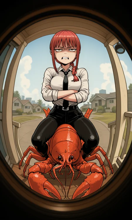 embedding:IllusP0s, f3rn4nd0, pov peephole, riding lobster, fisheye, makima, annoyed, white shirt, black tie, arms crossed, outdoors,<lora:Style_soph-Fernando-ILXL.safetensors:1.0:1.0> <lora:pov peephole_riding lobster_fisheye_illustrious.safetensors:1:1>