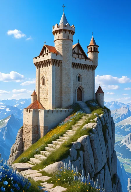 a crusader watchtower on a (tall rock spire), (13th Century:1.5), a stairway to the keep, doorway, very wide shot, fantasy, blue sky, alpine meadow flowers, best quality, masterpiece, realistic, photo-realistic, amazing, finely detail, ultra-detailed, highres, extremely detailed, 8k wallpaper