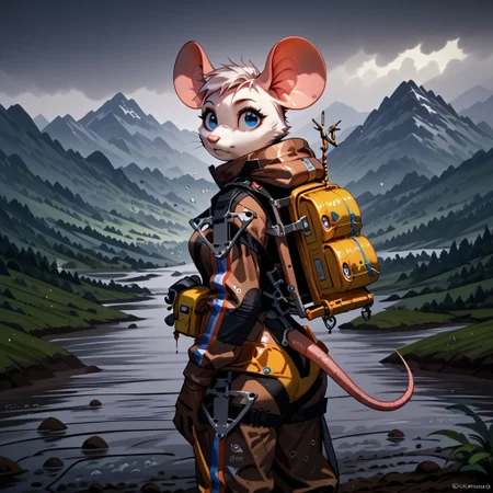 score_9, score_8_up, score_7_up, source_anime, Anthro mouse, B3ck13M0us3, standing, wearing bridgesuit, holding pink balloon, mud, raining, mountains in background, clouds, looking at viewer, backpack,
