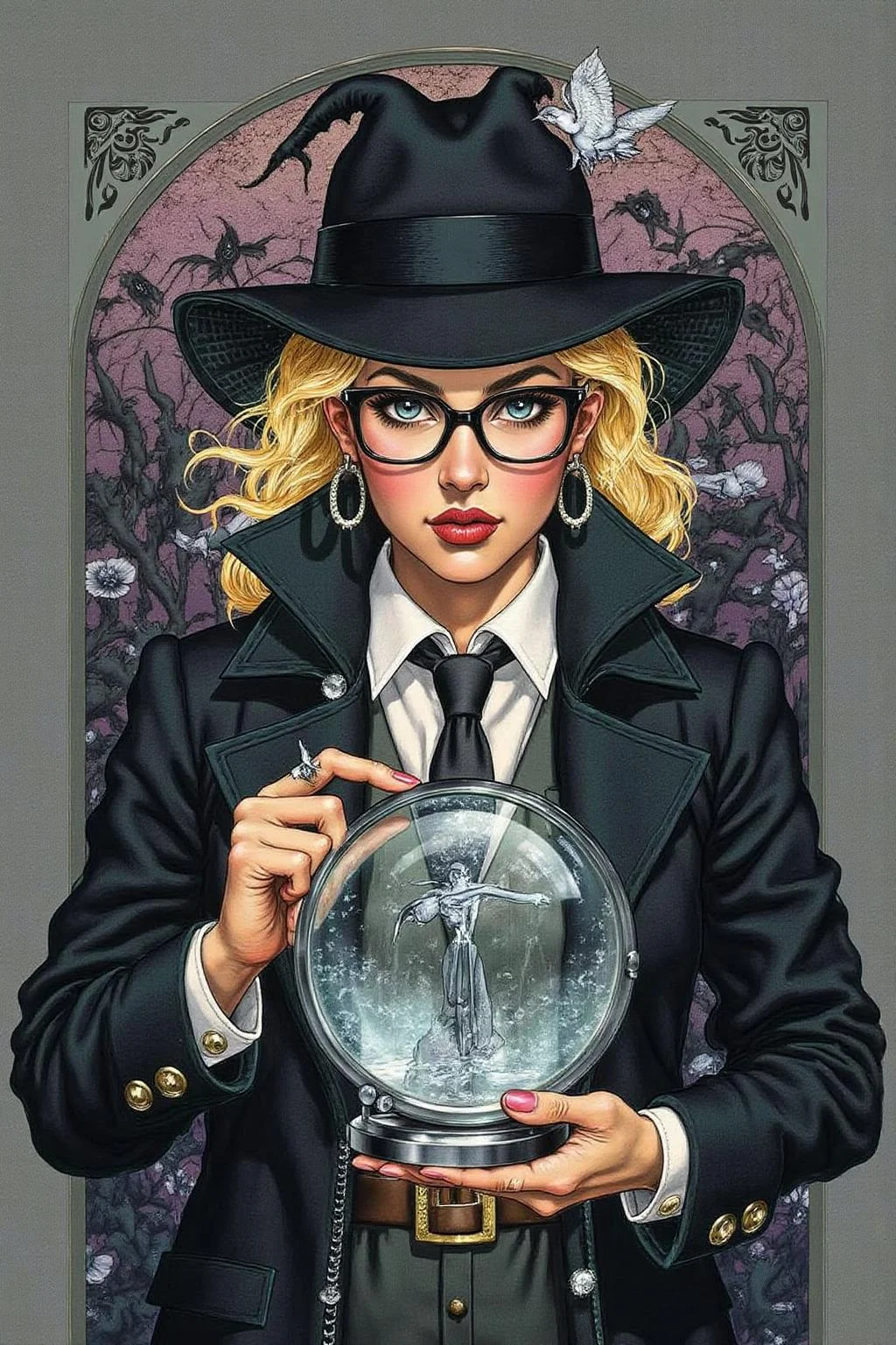 jole1 illustration.
Portrait of a female detective scowling into a magnifying glass. The glass is crystal clear, showing a water portal through the glass. The detective is wearing a pair of old fashion glasses, and a black suit that emanates her shadowy figure. <lora:jole1_cap_d6a3e12:1.0><lora:825879832861730691:0>