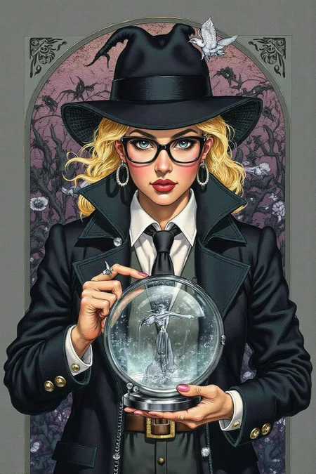 jole1 illustration.
Portrait of a female detective scowling into a magnifying glass. The glass is crystal clear, showing a water portal through the glass. The detective is wearing a pair of old fashion glasses, and a black suit that emanates her shadowy figure. <lora:jole1_cap_d6a3e12:1.0><lora:825879832861730691:0>