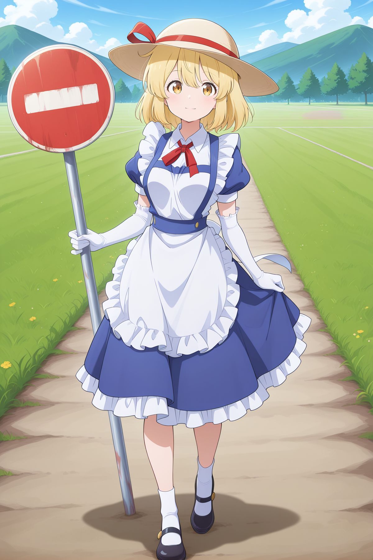 absurdres, highres, masterpiece, best quality, amazing quality, official anime artwork, screencap, anime screencap, outdoors, looking at viewer, light smile, dynamic pose, standing,
 <lora:Kana-Anaberal_Illustrious:1> kana anaberal, 1girl, solo, yellow eyes, blonde hair, short hair, sidelocks, medium breasts,, white hat, hat ribbon, red ribbon, puffy short sleeves, collared shirt, white shirt, blue dress, frilled dress, collared dress, white apron, waist apron, frilled apron, maid apron, elbow gloves, white gloves, frilled gloves, black shoes, mary janes, white socks, holding sign, no entry sign,